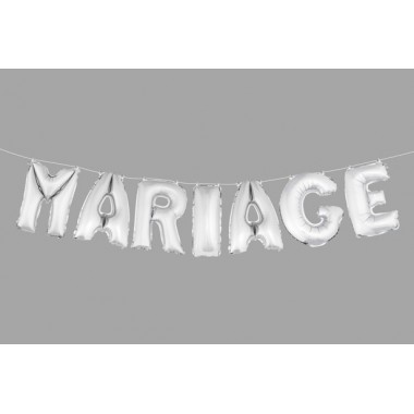 BALLONS LETTRES "MARIAGE" ARGENT (7 pcs) haut. 36 cm