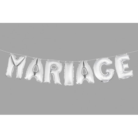 BALLONS LETTRES "MARIAGE" ARGENT (7 pcs) haut. 36 cm
