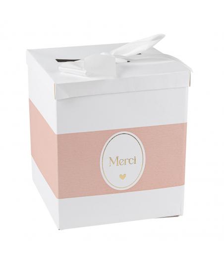 urne merci bapteme carton blanc rose or