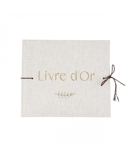 Livre d'Or Carton Effet Lin et Or 19x22cm - 68 Pages et Ficelle Coton Brun