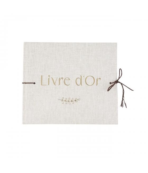 Livre d'Or Carton Effet Lin et Or 19x22cm - 68 Pages et Ficelle Coton Brun
