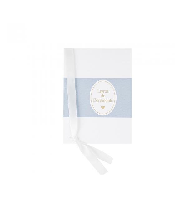 10 livrets ceremonie bapteme bleu orage blanc or ruban