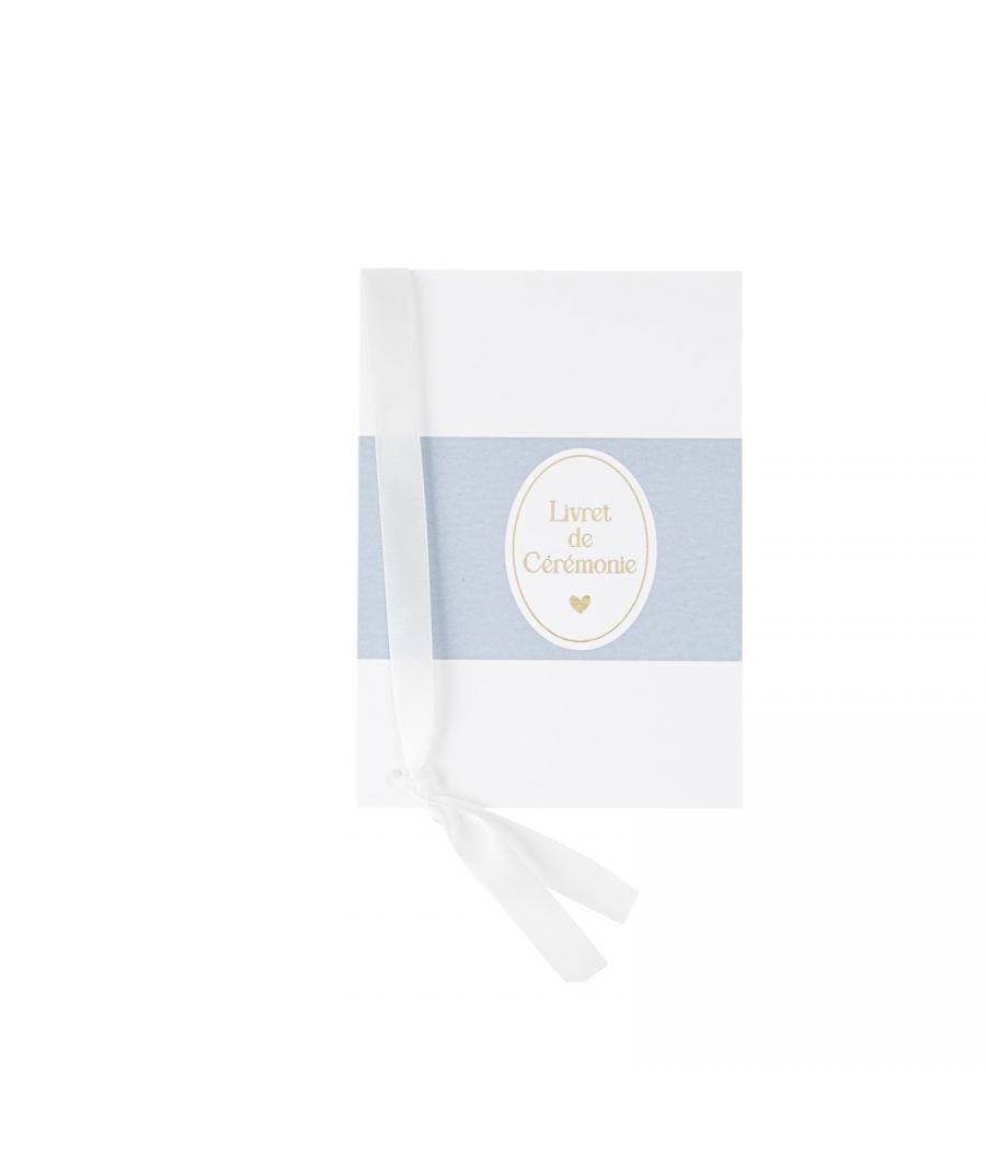 10 livrets ceremonie bapteme bleu orage blanc or ruban