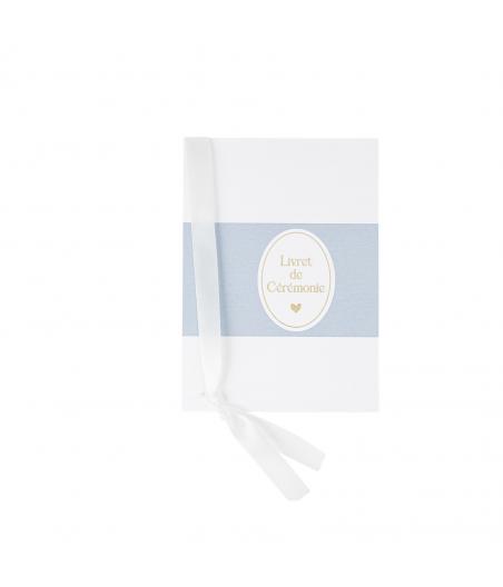 10 livrets ceremonie bapteme bleu orage blanc or ruban