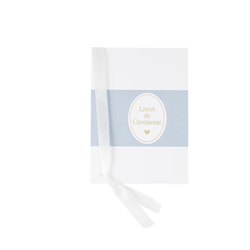 10 livrets ceremonie bapteme bleu orage blanc or ruban