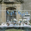 10 livrets ceremonie bapteme bleu orage blanc or ruban