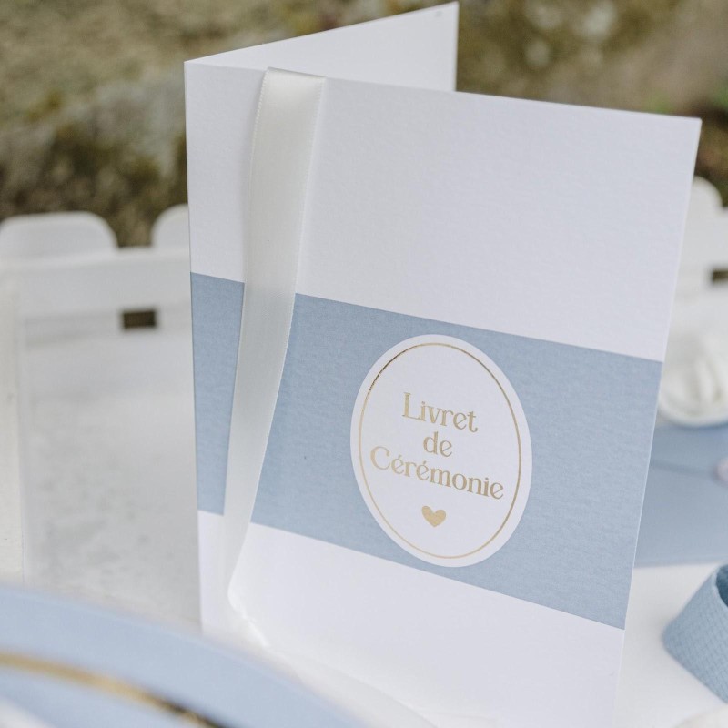 10 livrets ceremonie bapteme bleu orage blanc or ruban
