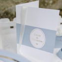 10 livrets ceremonie bapteme bleu orage blanc or ruban