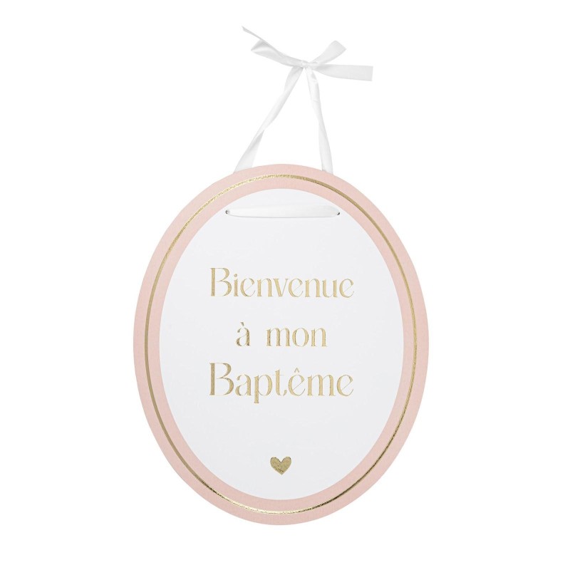 panneau bienvenue bapteme blanc rose or