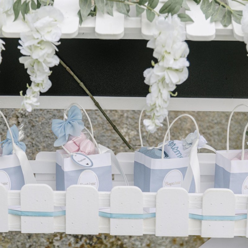 sacs bapteme papier bleu orage blanc or