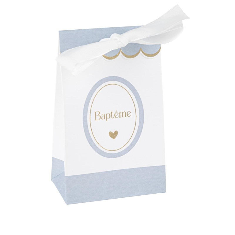 10 sachets bapteme papier bleu orage blanc or
