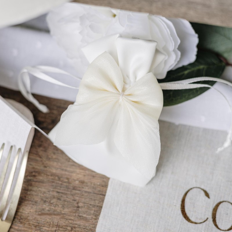 4 Pochons satin blanc noeud mousseline