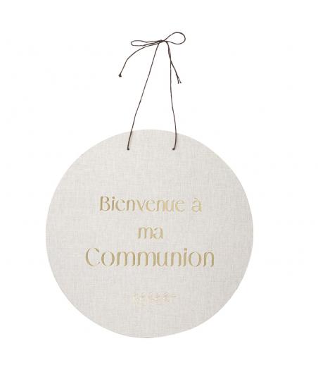 Panneau "Bienvenue à ma Communion" Carton Effet Lin et Or Ø38cm