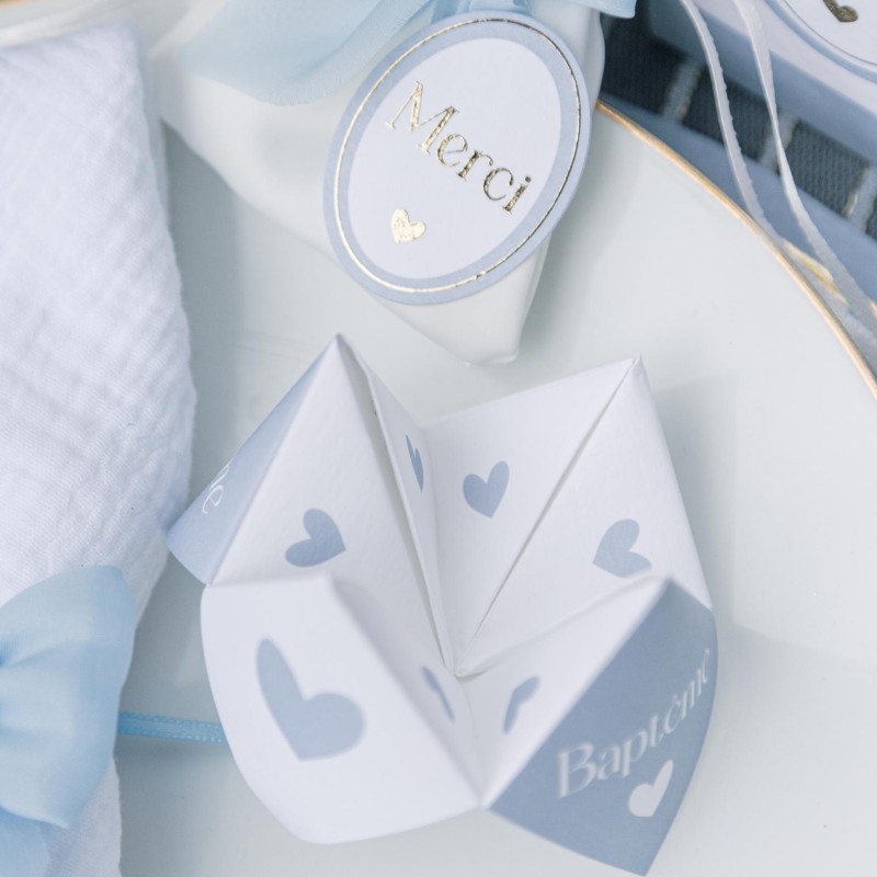 Pochons satin blanc noeud mousseline bleu