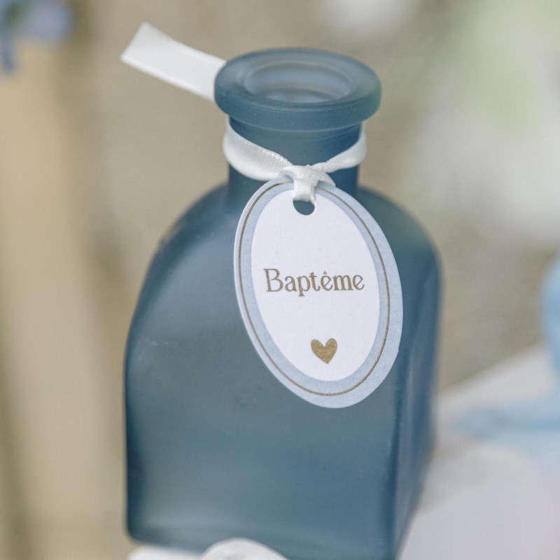 Etiquettes baptême bleu orage blanc or