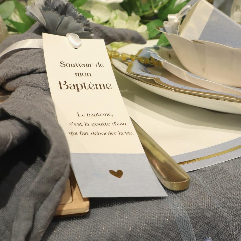 Marque pages souvenir bapteme bleu orage blanc or
