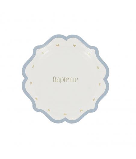 Assiettes bapteme bleu orage blanc or