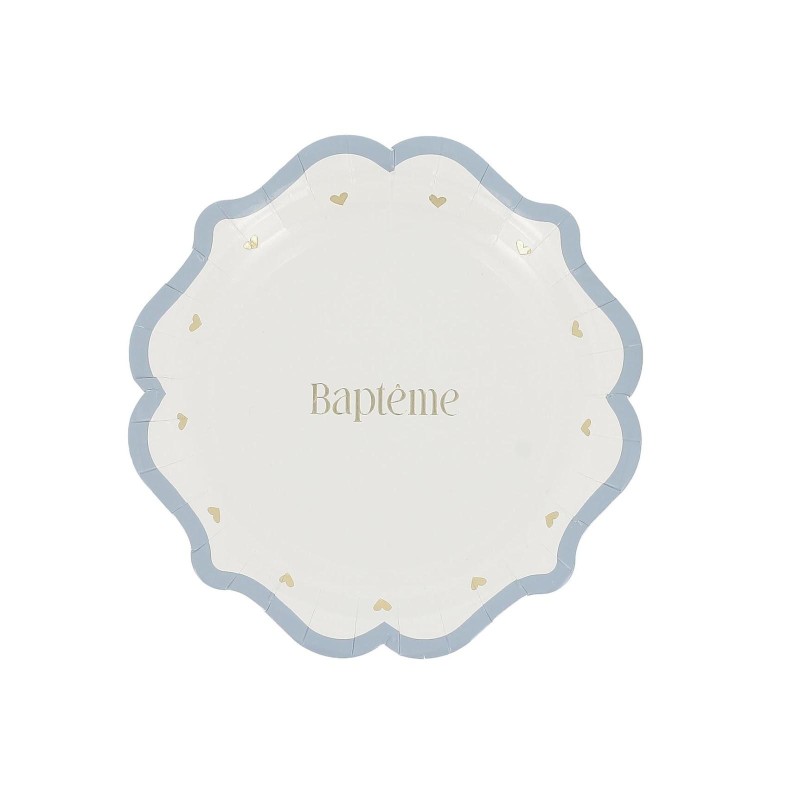 Assiettes bapteme bleu orage blanc or