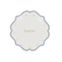 Assiettes bapteme bleu orage blanc or