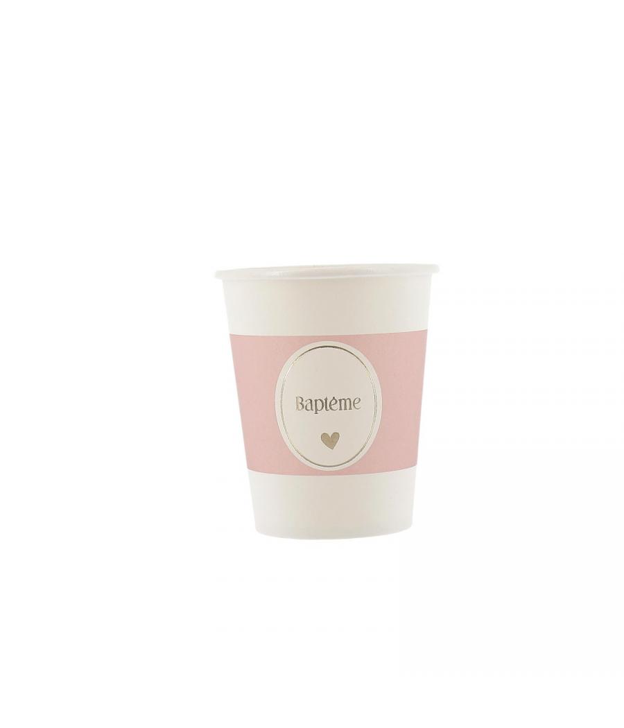 8 Gobelets "Baptême" Carton Blanc, Rose et Or 255ml