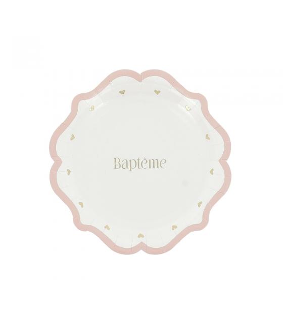 8 Assiettes bapteme carton rose blanc or