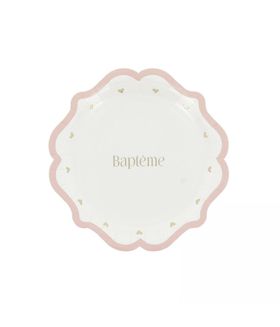 8 Assiettes bapteme carton rose blanc or