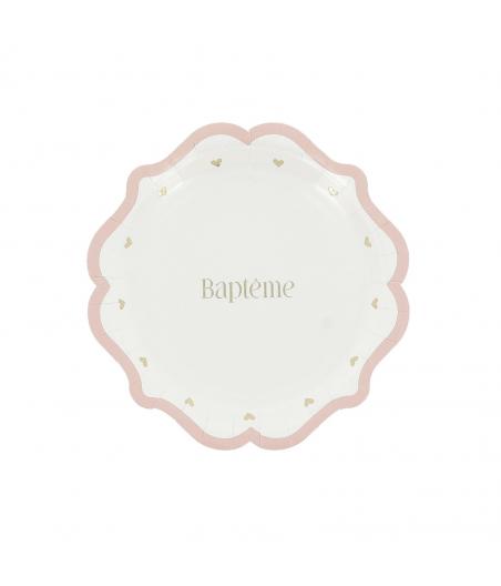 8 Assiettes bapteme carton rose blanc or