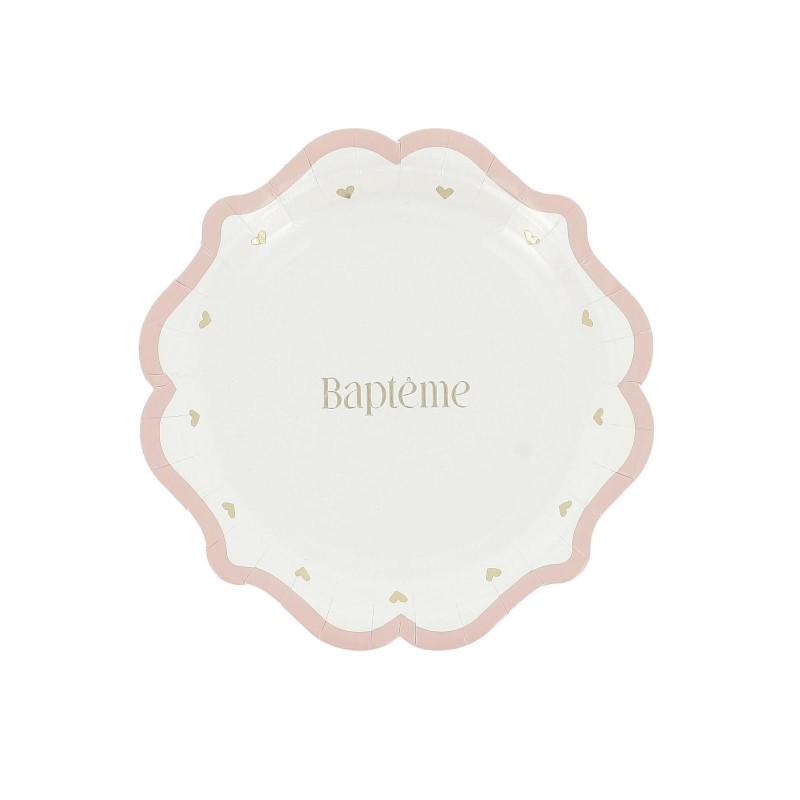 8 Assiettes bapteme carton rose blanc or
