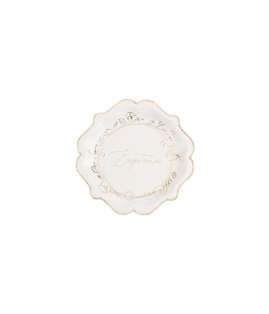 8 Assiettes Baptême Carton Crème et Or
