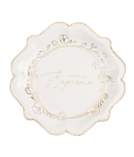 8 Assiettes Baptême Carton Crème et Or