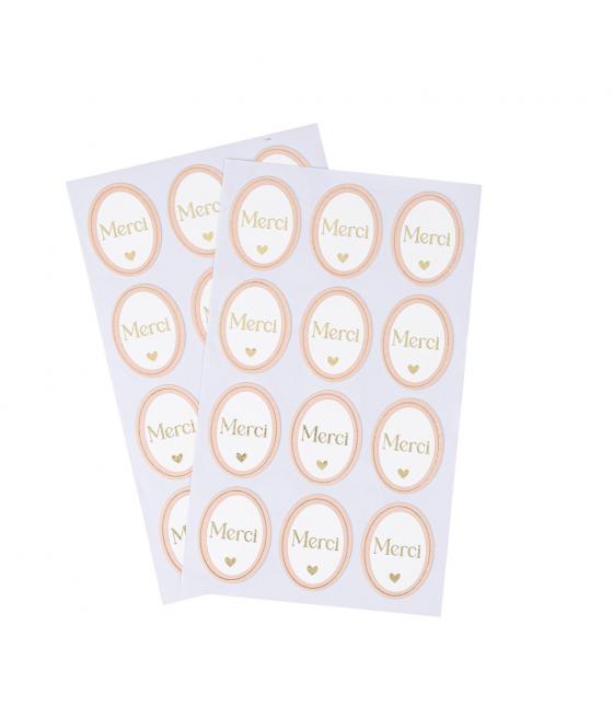 stickers merci bapteme rose blanc or