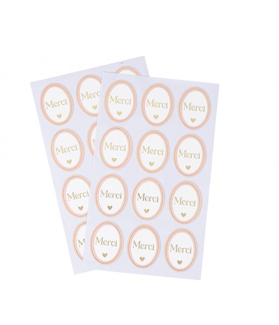 stickers merci bapteme rose blanc or