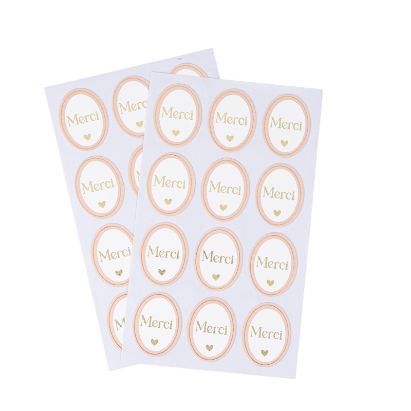 stickers merci bapteme rose blanc or