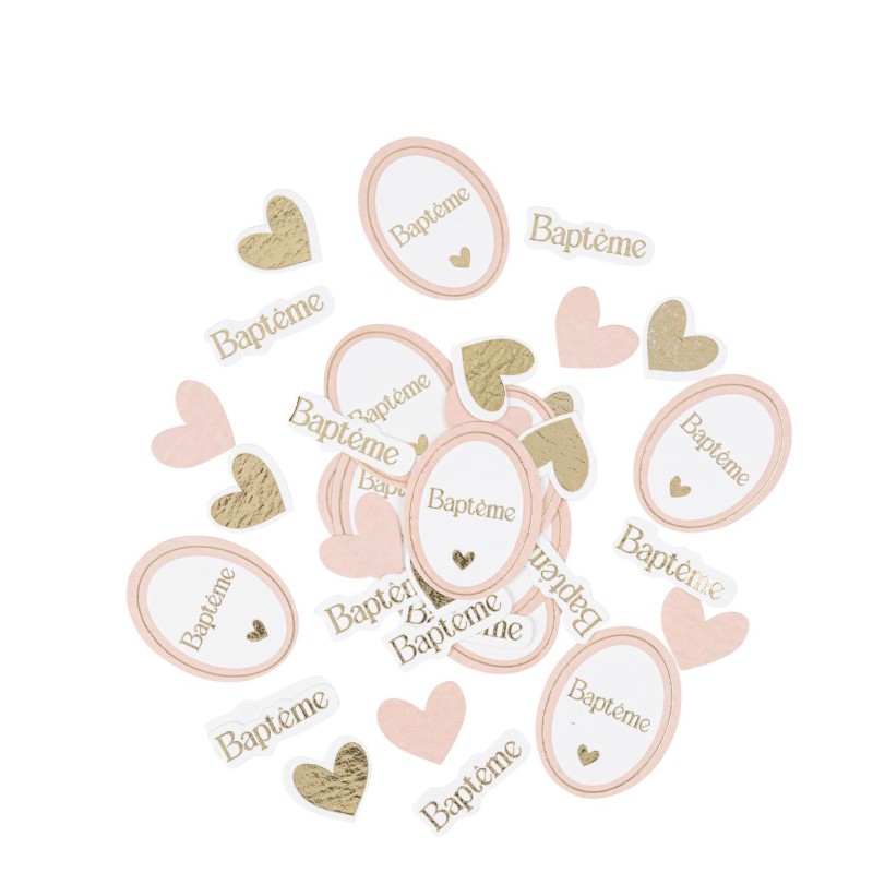 100 confettis bapteme rose blanc or